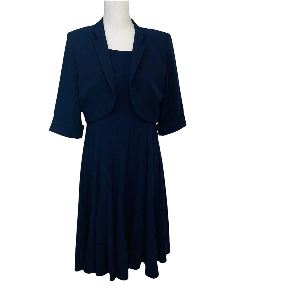 Vtg 80s Dress Jacket 10 Navy Blue Midi Pleated Nautical Career Classic Flowy